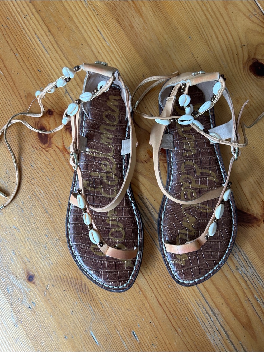 Sam Edelman Women’s Tan Beaded Ankle Lace-Up Sandals Shells 6.5M